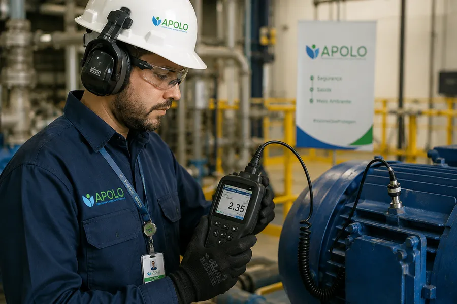 Técnico da Apolo medindo vibração ocupacional em equipamento industrial